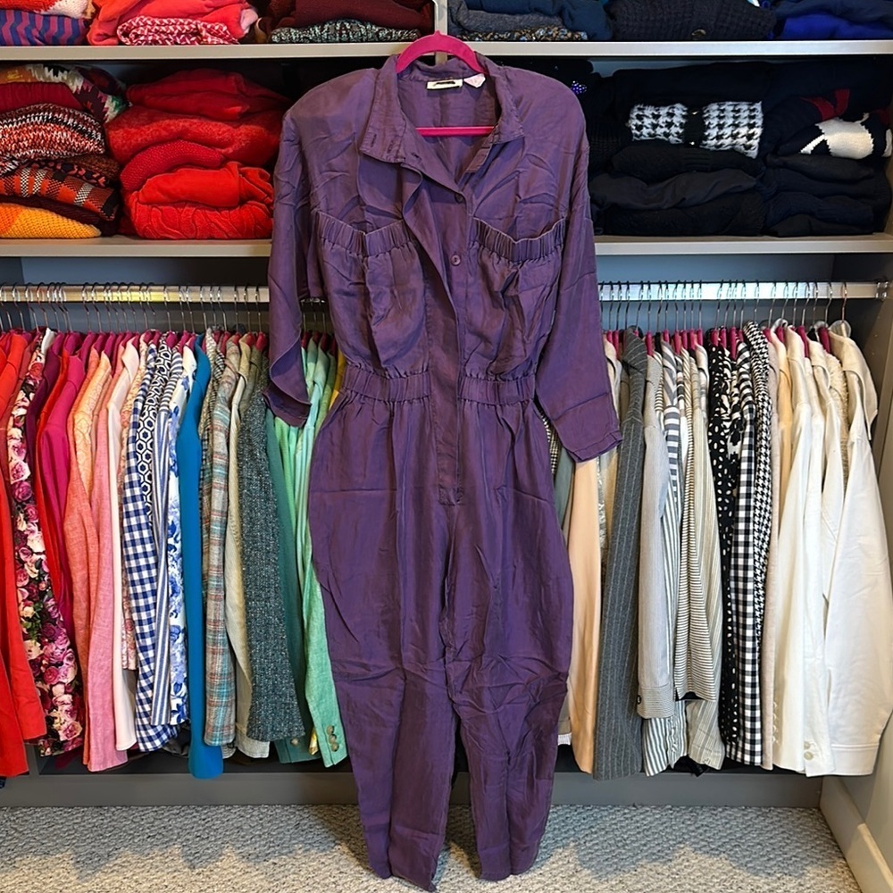 Jones New York 100% silk purple long sleeve button down 2 pocket jumpsuit size S